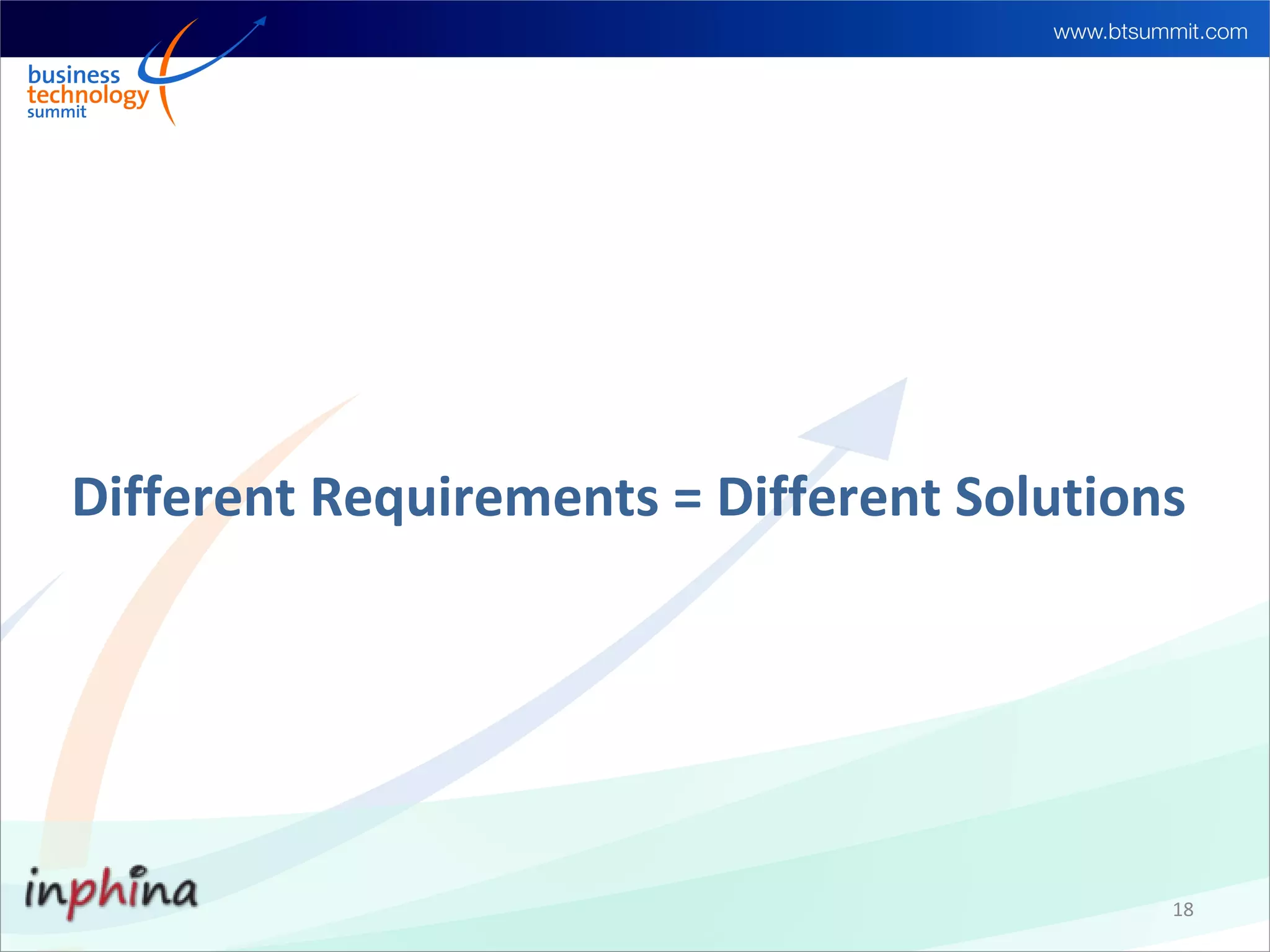 Different Requirements = Different Solutions




                                           18
 