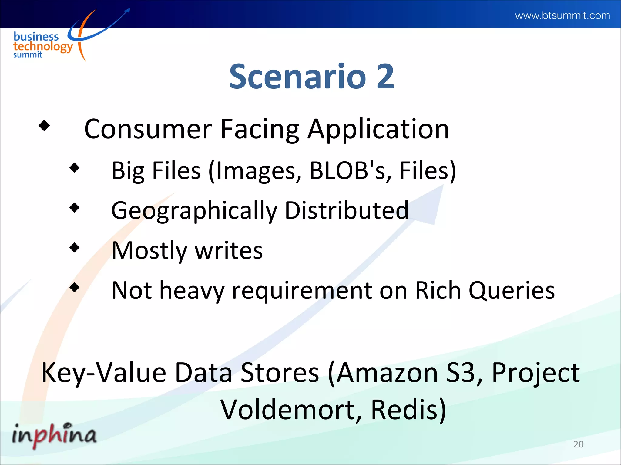 Scenario 2

        Consumer Facing Application
    
          Big Files (Images, BLOB's, Files)
    
          Geographically Distributed
    
          Mostly writes
    
          Not heavy requirement on Rich Queries


Key-Value Data Stores (Amazon S3, Project
             Voldemort, Redis)
                                                  20
 