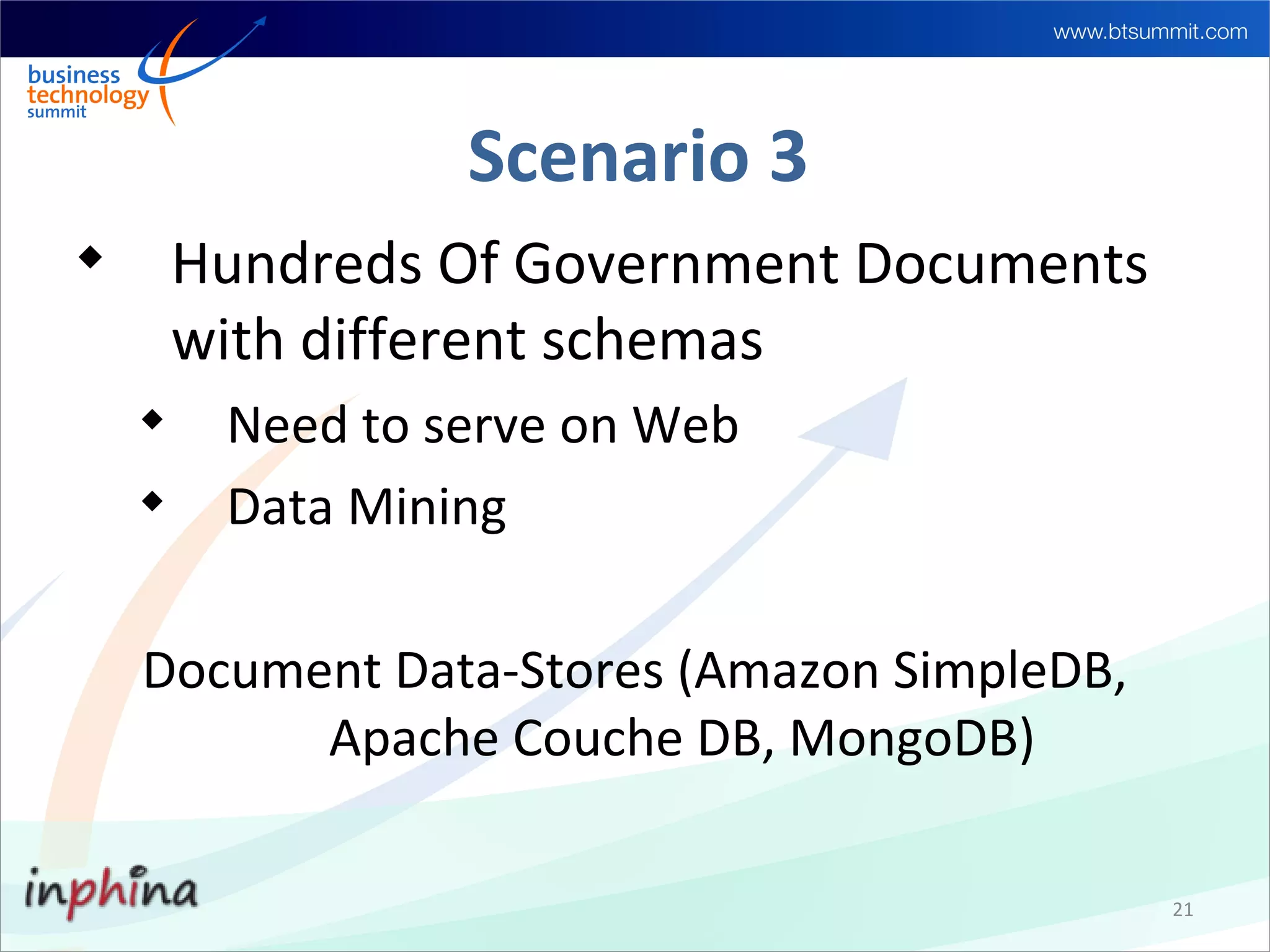 Scenario 3

        Hundreds Of Government Documents
        with different schemas
    
         Need to serve on Web
    
         Data Mining

    Document Data-Stores (Amazon SimpleDB,
          Apache Couche DB, MongoDB)

                                             21
 