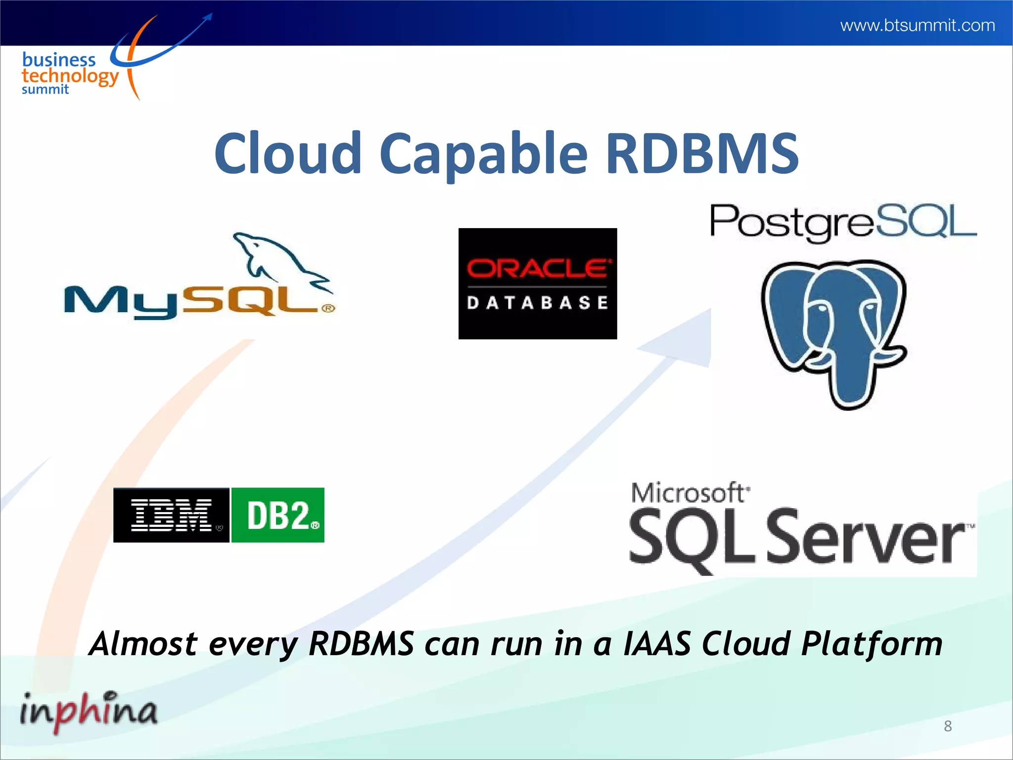 Cloud Capable RDBMS




       s




Almost every RDBMS can run in a IAAS Cloud Platform

                                                      8
 