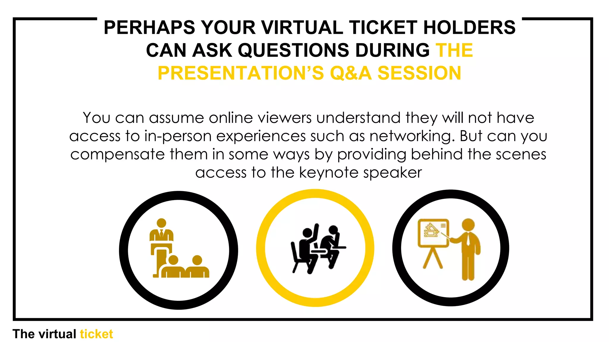 The virtual ticket
PERHAPS YOUR VIRTUAL TICKET HOLDERS
CAN ASK QUESTIONS DURING THE
PRESENTATION’S Q&A SESSION
You can assume online viewers understand they will not have
access to in-person experiences such as networking. But can you
compensate them in some ways by providing behind the scenes
access to the keynote speaker
 
