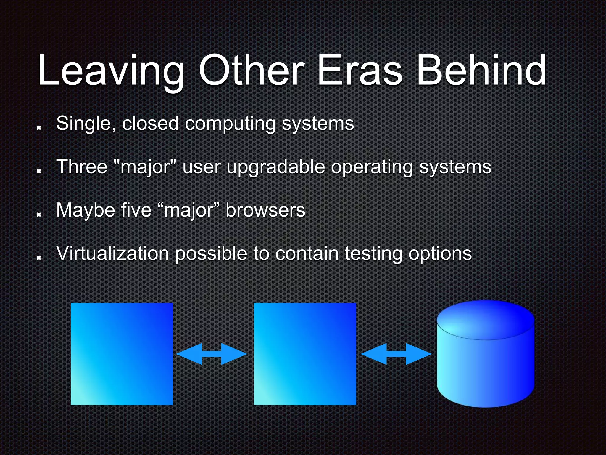 Leaving Other Eras Behind Single, closed computing systems Three "major" user upgradable operating systems Maybe five “major” browsers Virtualization possible to contain testing options 