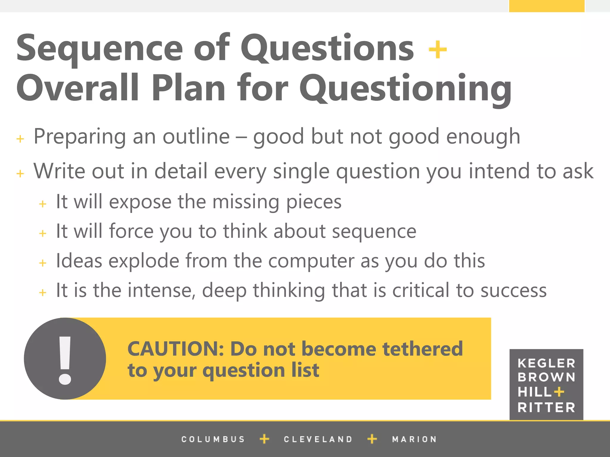 z
Sequence of Questions +
Overall Plan for Questioning
Preparing an outline – good but not good enough
Write out in detail every single question you intend to ask
It will expose the missing pieces
It will force you to think about sequence
Ideas explode from the computer as you do this
It is the intense, deep thinking that is critical to success
CAUTION: Do not become tethered
to your question list!
 
