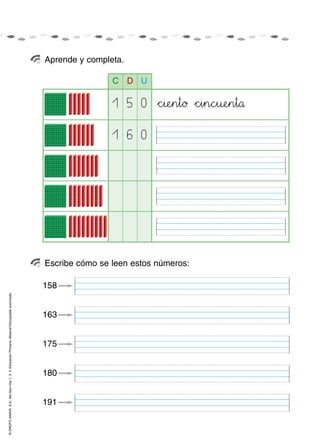 ©GRUPOANAYA,S.A.,Mellevotres1,2,3.EducaciónPrimaria.Materialfotocopiableautorizado.
C D U
*+chii:;eHIn45t89ø *+chii45n89chiu:;eHIn45t89å1 5 0
1 6 0
158
163
175
180
191
Aprende y completa.
Escribe cómo se leen estos números:
 