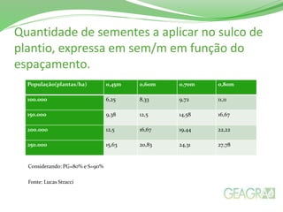 Quantidade de sementes a aplicar no sulco de
plantio, expressa em sem/m em função do
espaçamento.
População(plantas/ha) 0,45m 0,60m 0,70m 0,80m
100.000 6,25 8,33 9,72 11,11
150.000 9,38 12,5 14,58 16,67
200.000 12,5 16,67 19,44 22,22
250.000 15,63 20,83 24,31 27,78
Considerando: PG=80% e S=90%
Fonte: Lucas Stracci
 