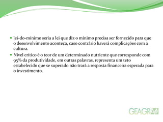  lei-do-mínimo seria a lei que diz o mínimo precisa ser fornecido para que
o desenvolvimento aconteça, caso contrário haverá complicações com a
cultura.
 Nível crítico é o teor de um determinado nutriente que corresponde com
95% da produtividade, em outras palavras, representa um teto
estabelecido que se superado não trará a resposta financeira esperada para
o investimento.
 