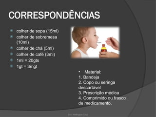 Enf. Wellington Cruz
CORRESPONDÊNCIAS
 colher de sopa (15ml)
 colher de sobremesa
(10ml)
 colher de chá (5ml)
 colher de café (3ml)
 1ml = 20gts
 1gt = 3mgt
• Material:
1. Bandeja
2. Copo ou seringa
descartável
3. Prescrição médica
4. Comprimido ou frasco
de medicamento.
 