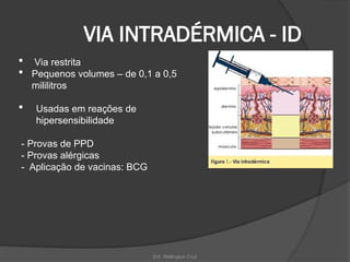 Enf. Wellington Cruz
VIA INTRADÉRMICA - ID
 Via restrita
 Pequenos volumes – de 0,1 a 0,5
mililitros
 Usadas em reações de
hipersensibilidade
- Provas de PPD
- Provas alérgicas
- Aplicação de vacinas: BCG
 