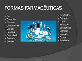 Enf. Wellington Cruz
FORMAS FARMACÊUTICAS
- Pó
- Grânulos
- Cápsula
- Comprimido
- Drágea
- Pastilha
- Supositório
- Pomada
- Creme
- Emplastro
- Solução
- Loção
- Emulsão
- Suspensão
- Extratos
- Injeções
- Óvulo
- linimento
 