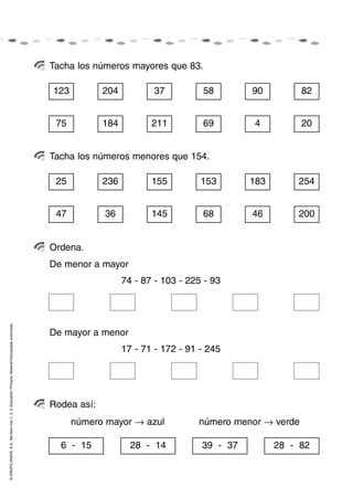 Tacha los números mayores que 83.

                                                                                                    123          204          37          58        90          82


                                                                                                     75          184          211         69        4           20


                                                                                                    Tacha los números menores que 154.

                                                                                                     25          236          155         153       183       254


                                                                                                     47          36           145         68        46        200


                                                                                                    Ordena.
                                                                                                    De menor a mayor
                                                                                                                       74 - 87 - 103 - 225 - 93
© GRUPO ANAYA, S.A., Me llevo tres 1, 2, 3. Educación Primaria. Material fotocopiable autorizado.




                                                                                                    De mayor a menor
                                                                                                                       17 - 71 - 172 - 91 - 245




                                                                                                    Rodea así:
                                                                                                          número mayor → azul            número menor → verde

                                                                                                      6 - 15             28 - 14          39 - 37         28 - 82
 