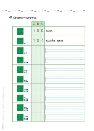 © GRUPO ANAYA, S.A., Me llevo tres 1, 2, 3. Educación Primaria. Material fotocopiable autorizado.




                                                                                                                                                                     Observa y completa.

                                                                                                                                                             C D U

                                                                                                                                        1 0 0 *+chii:;eHI>

                                                                                                    1 0 1 *+chii:;eHIn45t89ø »u45n89ø
 