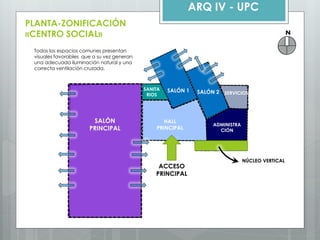 PLANTA-ZONIFICACIÓN «CENTRO SOCIAL» 
ARQ IV - UPC 
N 
HALL PRINCIPAL 
ADMINISTRACIÓN 
SANITARIOS 
ACCESO PRINCIPAL 
SALÓN PRINCIPAL 
SALÓN 1 
SALÓN 2 
SERVICIOS 
NÚCLEO VERTICAL 
Todos los espacios comunes presentan visuales favorables que a su vez generan una adecuada iluminación natural y una correcta ventilación cruzada.  