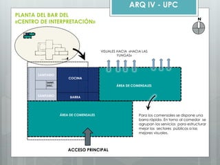 ARQ IV - UPC 
N 
PLANTA DEL BAR DEL «CENTRO DE INTERPRETACIÓN» 
Para los comensales se dispone una barra rápida. En torno al comedor se agrupan los servicios para estructurar mejor los sectores públicos a las mejores visuales. 
SANIT. DISC. 
SANITARIO 
SANITARIO 
COCINA 
BARRA 
ACCESO PRINCIPAL 
ÁREA DE COMENSALES 
ÁREA DE COMENSALES 
VISUALES HACIA «HACIA LAS YUNGAS»  