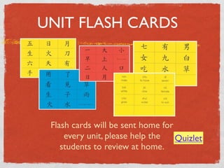 UNIT FLASH CARDS 
Flash cards will be sent home for 
every unit, please help the 
students to review at home. 
Quizlet 
 