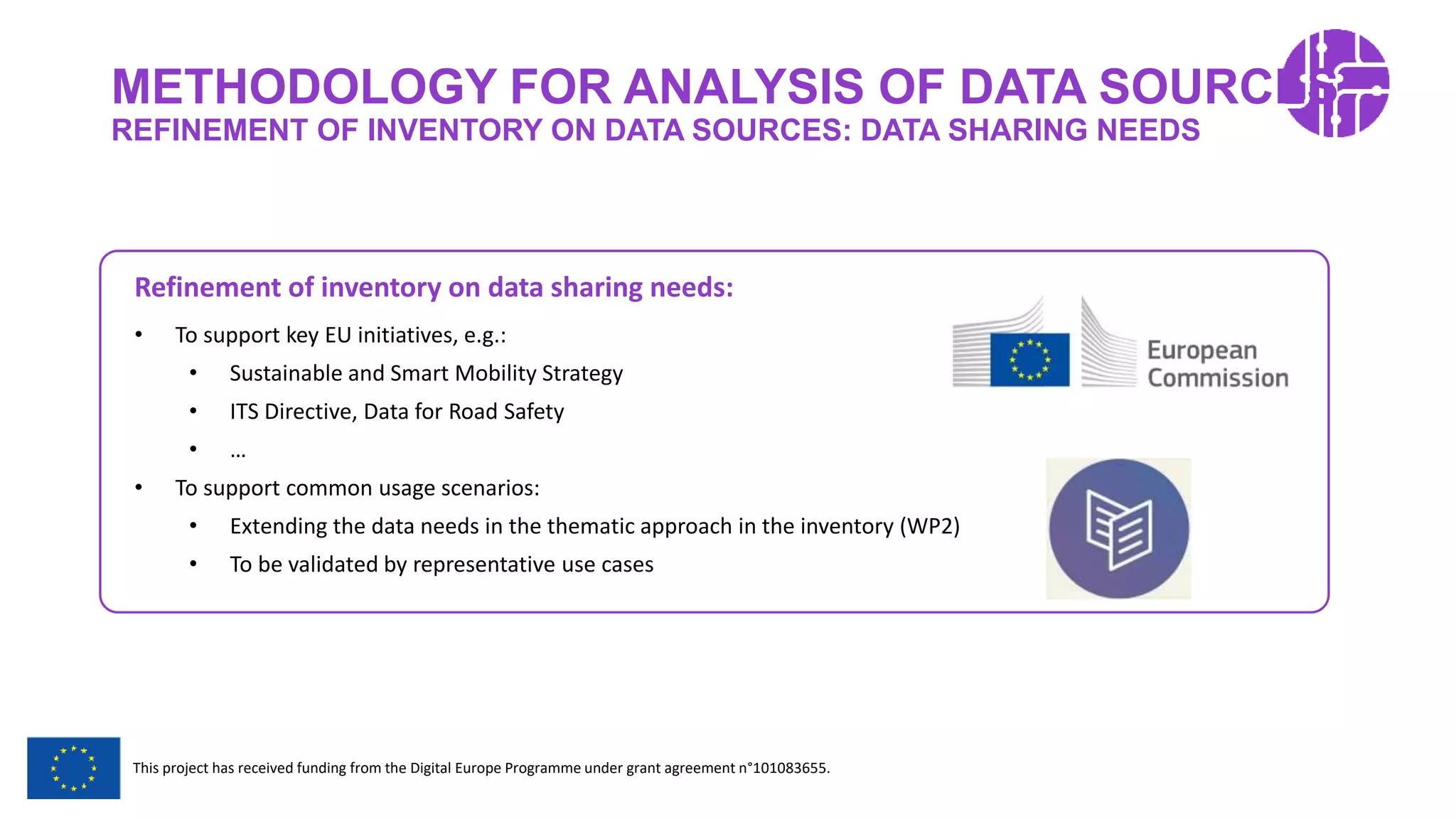 Restricted Use
This project has received funding from the Digital Europe Programme under grant agreement n°101083655.
Refinement of inventory on data sharing needs:
• To support key EU initiatives, e.g.:
• Sustainable and Smart Mobility Strategy
• ITS Directive, Data for Road Safety
• …
• To support common usage scenarios:
• Extending the data needs in the thematic approach in the inventory (WP2)
• To be validated by representative use cases
METHODOLOGY FOR ANALYSIS OF DATA SOURCES
REFINEMENT OF INVENTORY ON DATA SOURCES: DATA SHARING NEEDS
 