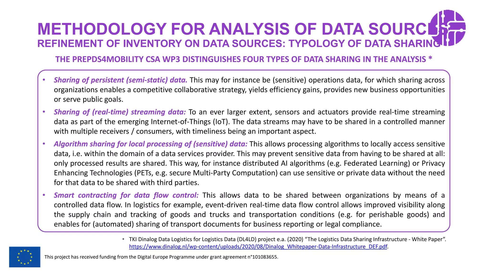 Restricted Use
This project has received funding from the Digital Europe Programme under grant agreement n°101083655.
METHODOLOGY FOR ANALYSIS OF DATA SOURCES
REFINEMENT OF INVENTORY ON DATA SOURCES: TYPOLOGY OF DATA SHARING
• Sharing of persistent (semi-static) data. This may for instance be (sensitive) operations data, for which sharing across
organizations enables a competitive collaborative strategy, yields efficiency gains, provides new business opportunities
or serve public goals.
• Sharing of (real-time) streaming data: To an ever larger extent, sensors and actuators provide real-time streaming
data as part of the emerging Internet-of-Things (IoT). The data streams may have to be shared in a controlled manner
with multiple receivers / consumers, with timeliness being an important aspect.
• Algorithm sharing for local processing of (sensitive) data: This allows processing algorithms to locally access sensitive
data, i.e. within the domain of a data services provider. This may prevent sensitive data from having to be shared at all:
only processed results are shared. This way, for instance distributed AI algorithms (e.g. Federated Learning) or Privacy
Enhancing Technologies (PETs, e.g. secure Multi-Party Computation) can use sensitive or private data without the need
for that data to be shared with third parties.
• Smart contracting for data flow control: This allows data to be shared between organizations by means of a
controlled data flow. In logistics for example, event-driven real-time data flow control allows improved visibility along
the supply chain and tracking of goods and trucks and transportation conditions (e.g. for perishable goods) and
enables for (automated) sharing of transport documents for business reporting or legal compliance.
THE PREPDS4MOBILITY CSA WP3 DISTINGUISHES FOUR TYPES OF DATA SHARING IN THE ANALYSIS *
• TKI Dinalog Data Logistics for Logistics Data (DL4LD) project e.a. (2020) “The Logistics Data Sharing Infrastructure - White Paper”.
https://www.dinalog.nl/wp-content/uploads/2020/08/Dinalog_Whitepaper-Data-Infrastructure_DEF.pdf.
 