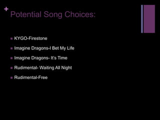 +
Potential Song Choices:
 KYGO-Firestone
 Imagine Dragons-I Bet My Life
 Imagine Dragons- It’s Time
 Rudimental- Waiting All Night
 Rudimental-Free
 