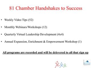 81 Chamber Handshakes to Success

• Weekly Video Tips (52)

• Monthly Webinars/Workshops (12)

• Quarterly Virtual Leadership Development (4x4)

• Annual Expansion, Enrichment & Empowerment Workshop (1)


 All programs are recorded and will be delevered to all that sign up
 