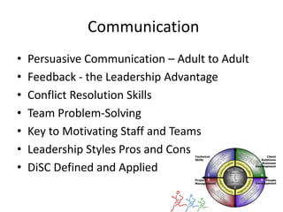 Communication
•   Persuasive Communication – Adult to Adult
•   Feedback - the Leadership Advantage
•   Conflict Resolution Skills
•   Team Problem-Solving
•   Key to Motivating Staff and Teams
•   Leadership Styles Pros and Cons
•   DiSC Defined and Applied
 