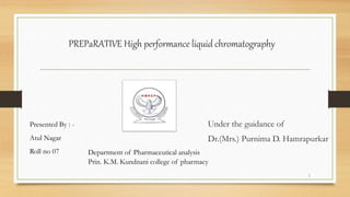 PREPaRATIVE High performance liquid chromatography
Presented By : -
Atul Nagar
Roll no 07
Under the guidance of
Dr.(Mrs.) Purnima D. Hamrapurkar
1
Prin. K.M. Kundnani college of pharmacy
Department of Pharmaceutical analysis
 