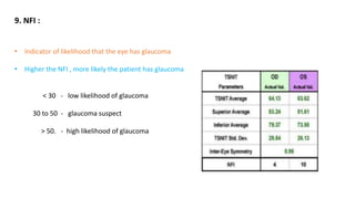 9. NFI :
• Indicator of likelihood that the eye has glaucoma
• Higher the NFI , more likely the patient has glaucoma
< 30 - low likelihood of glaucoma
30 to 50 - glaucoma suspect
> 50. - high likelihood of glaucoma
 