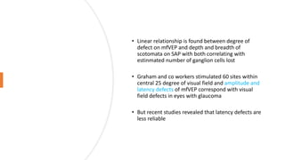 • Linear relationship is found between degree of
defect on mfVEP and depth and breadth of
scotomata on SAP with both correlating with
estinmated number of ganglion cells lost
• Graham and co workers stimulated 60 sites within
central 25 degree of visual field and amplitude and
latency defects of mfVEP correspond with visual
field defects in eyes with glaucoma
• But recent studies revealed that latency defects are
less reliable
 