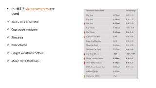 • In HRT 3 six parameters are
used
 Cup / disc area ratio
 Cup shape measure
 Rim area
 Rim volume
 Height variation contour
 Mean RNFL thickness
 