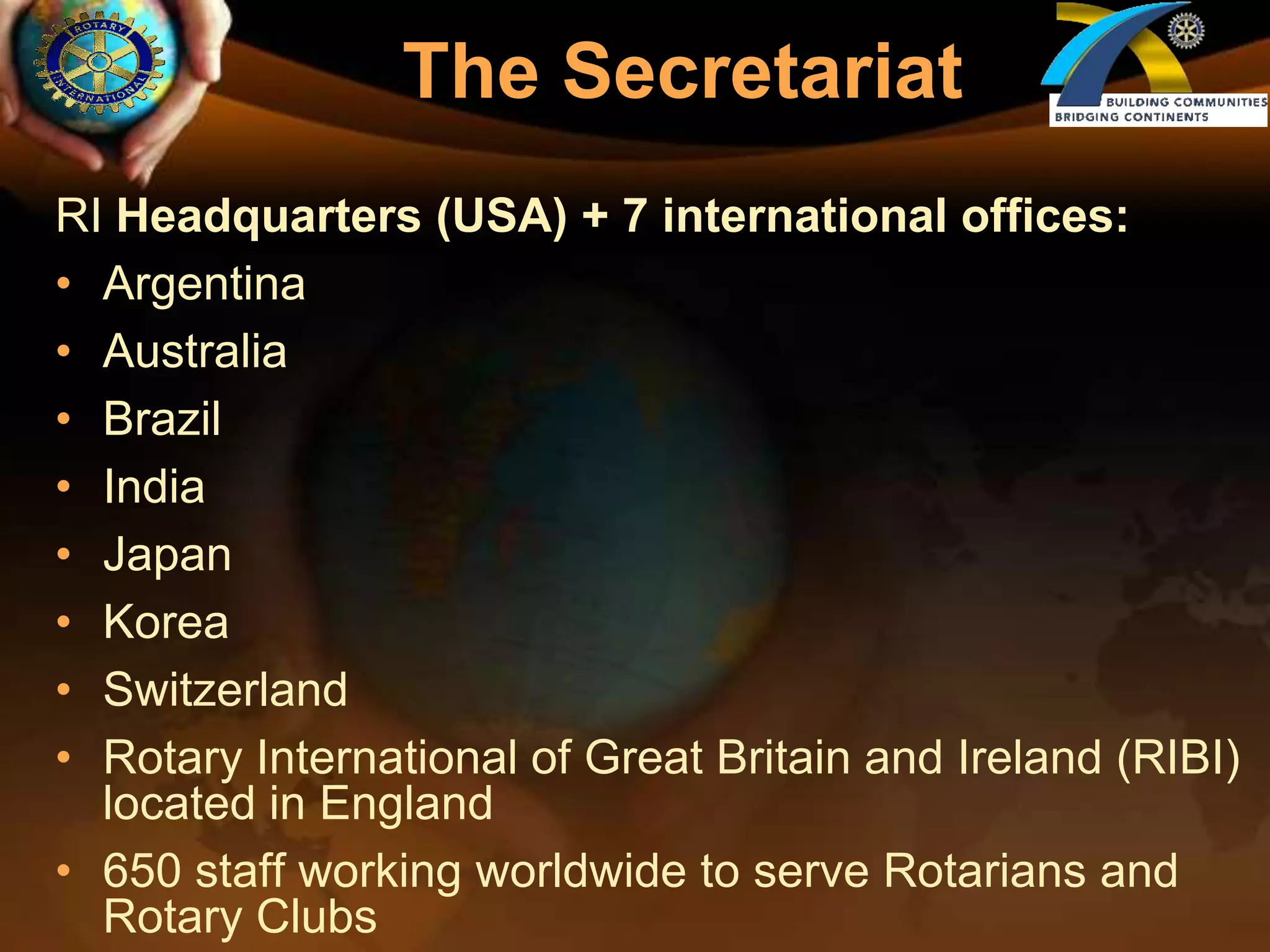 The SecretariatRI Headquarters (USA) + 7 international offices:ArgentinaAustraliaBrazilIndiaJapanKoreaSwitzerlandRotary International of Great Britain and Ireland (RIBI) located in England650 staff working worldwide to serve Rotarians and Rotary Clubs