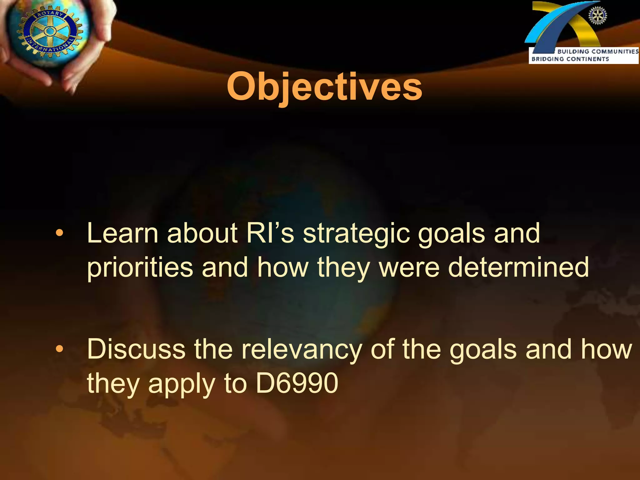 ObjectivesLearn about RI’s strategic goals and priorities and how they were determinedDiscuss the relevancy of the goals and how they apply to D6990