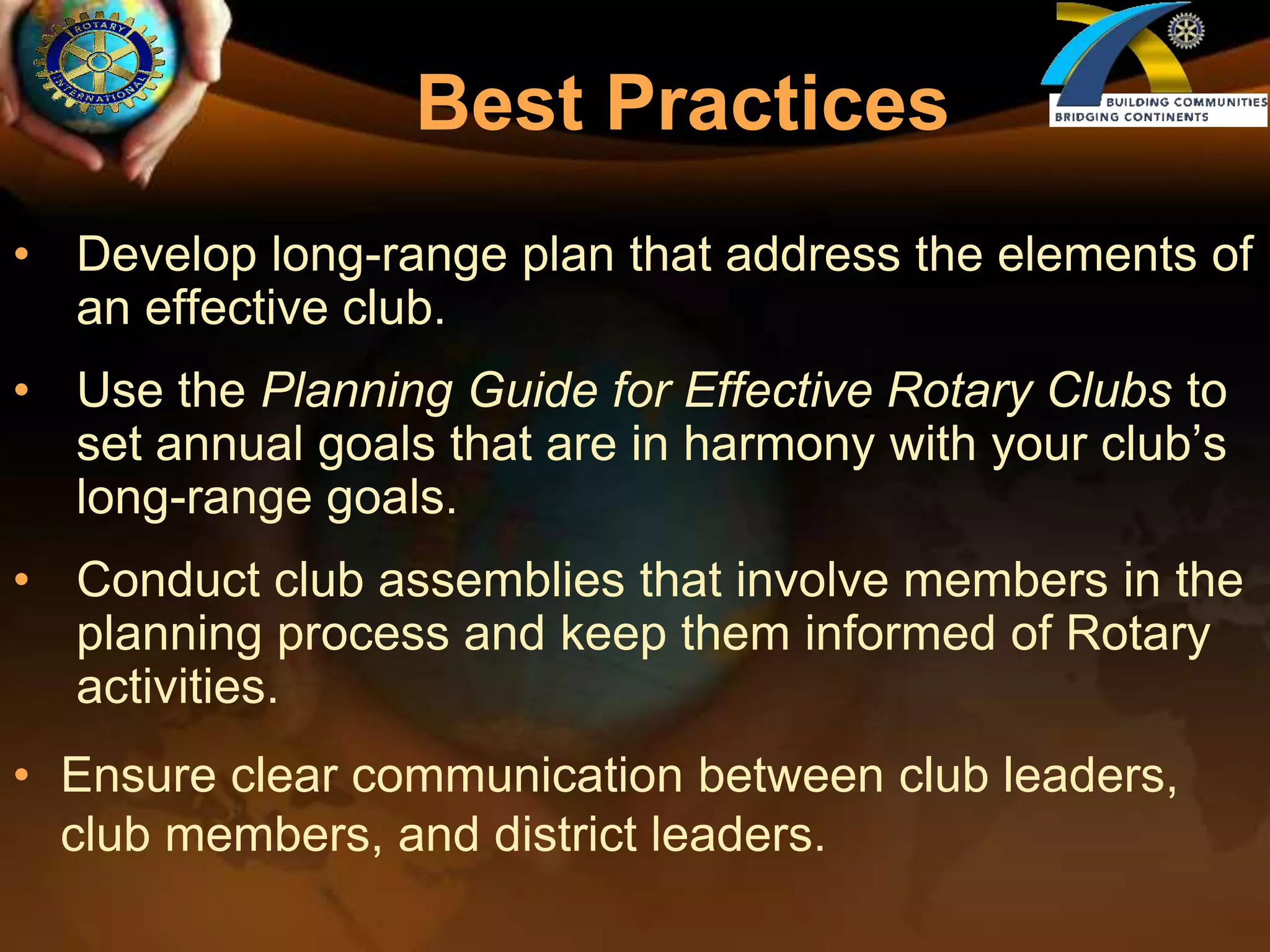 Overview of CLPProvides a list of best practicesCan be implemented at any timeSupported by the Recommended Rotary Club BylawsIncludes simplified list of standing club committees that are supported by the district structure