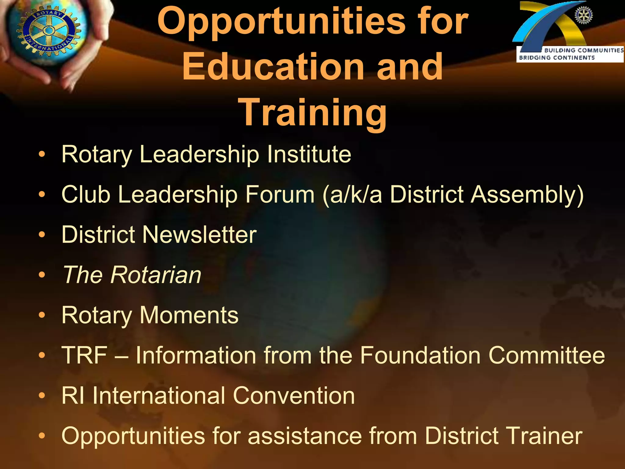 1.  The development of acquaintance as an opportunity for serviceHigh ethical standards in business and professions; the recognition of the worthiness of all useful occupations; and the dignifying of each Rotarian’s occupation as an opportunity to serve societyThe application of the ideal of service in each Rotarians’ personal, business, and community life The advancement of international understanding, goodwill, and peace through a world fellowship of business and professional persons united in the ideal of service