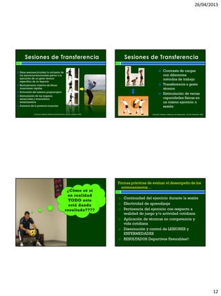 26/04/2013
12
www.bienfit.com
 Estas sesiones brindan la inclusión de
los ejercicios funcionales previo a la
ejecución de un gesto técnico
específico de un deporte
 Reclutamiento máximo de fibras
musculares rápidas
 Activación del sistema propioceptor
 Estimulación de los órganos
sensoriales y musculatura
estabilizadora
 Aumento de la potencia muscular
Cometti,G. Métodos Modernos de Musculación. 4ed. Ed. Paidotribo 2000
Métodos Combinados
Cometti,G. Métodos Modernos de Musculación. 4ed. Ed. Paidotribo 2000
 Contraste de cargas
con diferentes
métodos de trabajo
 Transferencia a gesto
técnico
 Estimulación de varias
capacidades físicas en
un mismo ejercicio o
sesión
www.bienfit.com
Formas prácticas de evaluar el desempeño de los
entrenamientos…
 Continuidad del ejercicio durante la sesión
 Efectividad de aprendizaje
 Pertinencia del ejercicio con respecto a
realidad de juego y/o actividad cotidiana
 Aplicación de técnicas en competencia y
vida cotidiana
 Disminución y control de LESIONES y
ENFERMEDADES
 RESULTADOS Deportivos Favorables!!
 