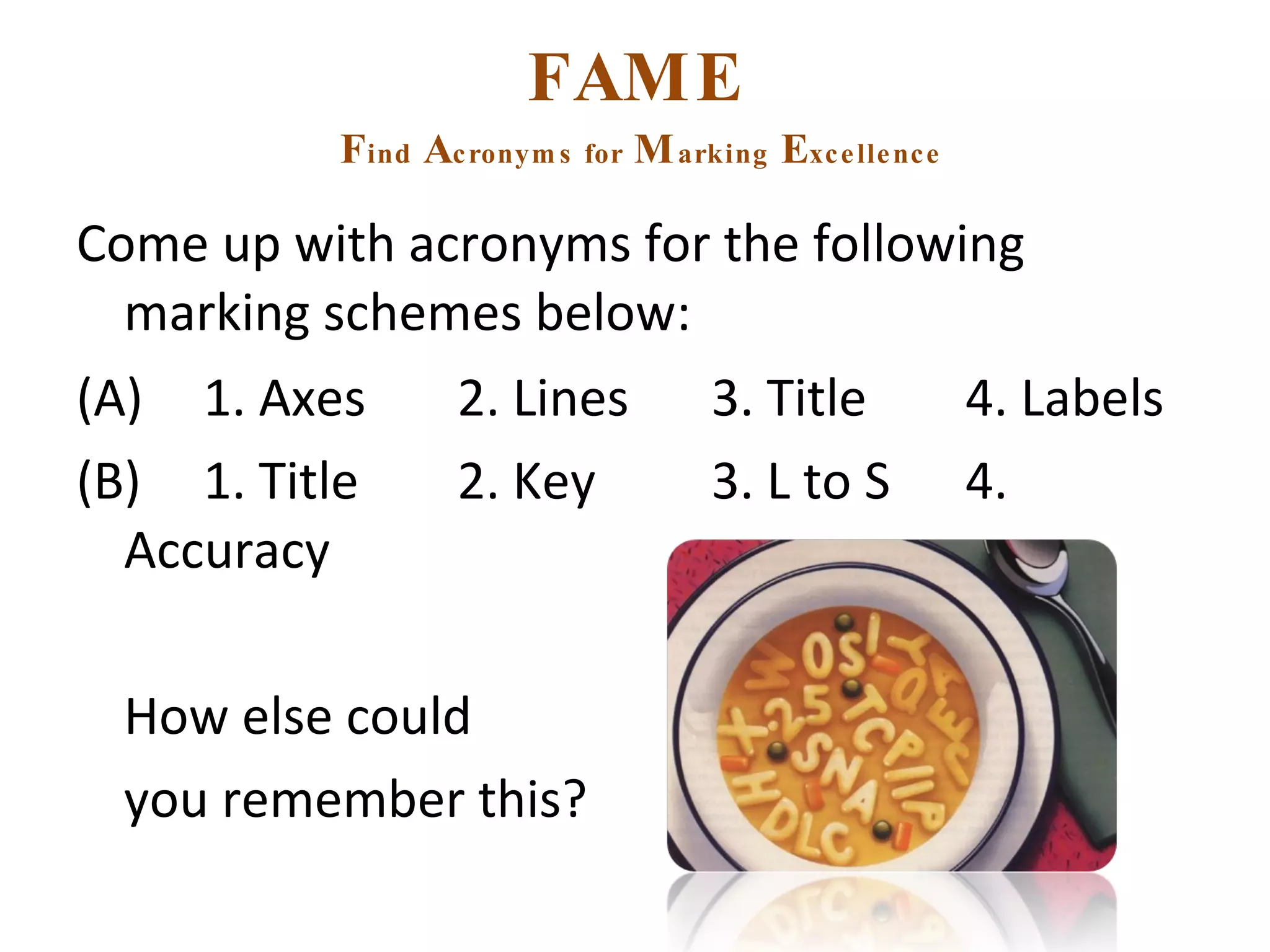 FAME   F ind  A cronyms   for  M arking  E xcellence Come up with acronyms for the following marking schemes below: (A) 1. Axes  2. Lines  3. Title  4. Labels (B) 1. Title 2. Key 3. L to S 4. Accuracy How else could  you remember this? 