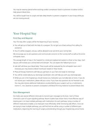 You may be wearing special white stockings and/or compression boots to promote circulation and to 
help prevent blood clots. 
You will be taught how to cough and take deep breaths to prevent congestion in your lungs while you 
are not moving around. 
Your Hospital Stay 
First Day and Beyond 
Your first day after surgery will be the beginning of your recovery: 
• You will get out of bed with the help of a caregiver. Do not get out of bed without first calling for 
assistance. 
• Your IV will be stopped, and you will be allowed to eat and drink your normal diet. 
We encourage you to ask questions and communicate concerns to the nursing staff as well as the entire 
orthopedic team. 
The average length of stay in the hospital for a total joint replacement patient is three to four days. Each 
day you will increase your activity level and strength. You can expect the following to occur: 
• Lab staff will draw your blood daily. These results will be evaluated by the orthopedic team and if 
necessary you may receive a blood transfusion based on these results. 
• Physical therapy treatments will help you get back on your feet and ready for discharge. 
• You will be visited daily by our discharge coordinator who will help you with your discharge plan. 
• While you are in the hospital you should receive any medication you normally take at home. If you do 
not receive your medications, please tell your nurse. If you have any questions do not hesitate to ask. 
You may also receive additional medications as prescribed by your surgeon such as a multivitamin, 
vitamin C, iron, laxatives to prevent constipation and blood thinning medicine to prevent blood clots. 
Pain Management 
Our body uses several different chemicals to transmit pain messages to the brain. Each of these 
chemicals is part of a pain-signaling pathway. Recent studies have shown that a more effective way of 
treating pain is to treat multiple pathways with medications for each pathway. Using a number of 
different medications enables us to treat pain more effectively, while minimizing side effects. Since we 
are trying to treat multiple pathways, you will find that we will be using a number of different pain 
medications, beginning the morning of surgery and extending through your hospital stay and at home. 
13 
 