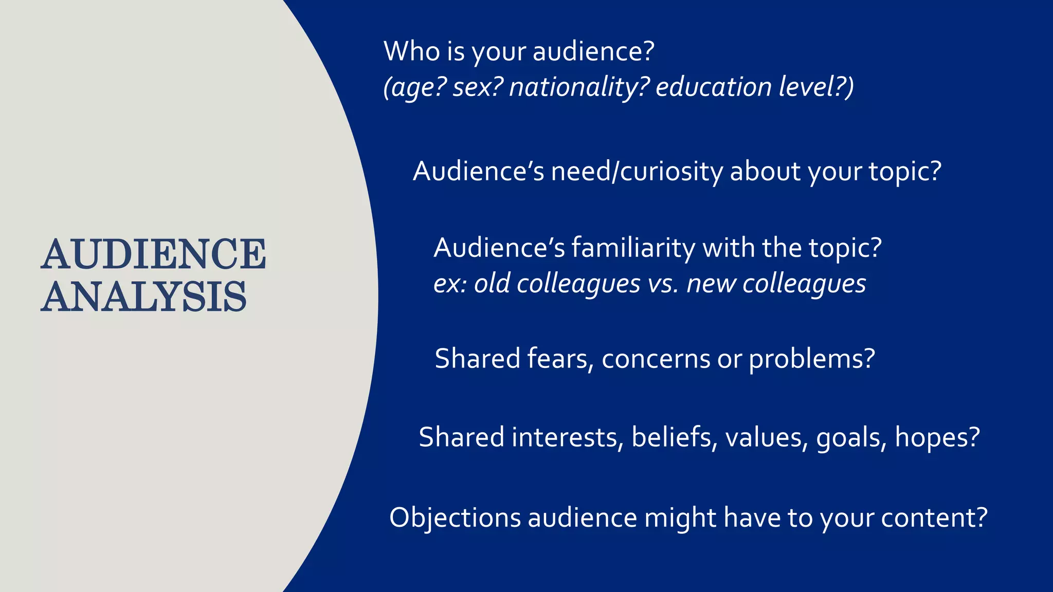 AUDIENCE
ANALYSIS
Who is your audience?
(age? sex? nationality? education level?)
Audience’s need/curiosity about your topic?
Audience’s familiarity with the topic?
ex: old colleagues vs. new colleagues
Shared fears, concerns or problems?
Objections audience might have to your content?
Shared interests, beliefs, values, goals, hopes?
 