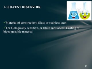 1. SOLVENT RESERVOIR:
Material of construction: Glass or stainless steel
For biologically sensitive, or labile substances: Coating of
biocompatible material.
 