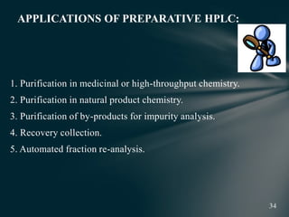 1. Purification in medicinal or high-throughput chemistry.
2. Purification in natural product chemistry.
3. Purification of by-products for impurity analysis.
4. Recovery collection.
5. Automated fraction re-analysis.
APPLICATIONS OF PREPARATIVE HPLC:
 