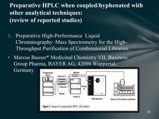 1. Preparative High-Performance Liquid
Chromatography–Mass Spectrometry for the High-
Throughput Purification of Combinatorial Libraries.
• Marcus Bauser* Medicinal Chemistry VII, Business
Group Pharma, BAYER AG, 42096 Wuppertal,
Germany
Preparative HPLC when coupled/hyphenated with
other analytical techniques:
(review of reported studies)
 