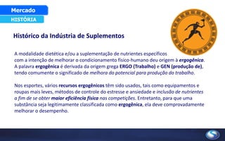 Histórico da Indústria de Suplementos
HISTÓRIA
Mercado
A modalidade dietética e/ou a suplementação de nutrientes específicos
com a intenção de melhorar o condicionamento físico-humano deu origem à ergogênica.
A palavra ergogênica é derivada da origem grega ERGO (Trabalho) e GEN (produção de),
tendo comumente o significado de melhora do potencial para produção do trabalho.
Nos esportes, vários recursos ergogênicos têm sido usados, tais como equipamentos e
roupas mais leves, métodos de controle do estresse e ansiedade e inclusão de nutrientes
a fim de se obter maior eficiência física nas competições. Entretanto, para que uma
substância seja legitimamente classificada como ergogênica, ela deve comprovadamente
melhorar o desempenho.
 