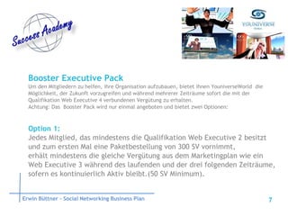Booster Executive Pack Um den Mitgliedern zu helfen, ihre Organisation aufzubauen, bietet ihnen YouniverseWorld  die Möglichkeit, der Zukunft vorzugreifen und während mehrerer Zeiträume sofort die mit der Qualifikation Web Executive 4 verbundenen Vergütung zu erhalten. Achtung: Das  Booster Pack wird nur einmal angeboten und bietet zwei Optionen: Option 1: Jedes Mitglied, das mindestens die Qualifikation Web Executive 2 besitzt und zum ersten Mal eine Paketbestellung von 300 SV vornimmt, erhält mindestens die gleiche Vergütung aus dem Marketingplan wie ein Web Executive 3 während des laufenden und der drei folgenden Zeiträume, sofern es kontinuierlich Aktiv bleibt.(50 SV Minimum). Erwin Büttner – Social Networking Business Plan 
