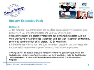 Booster Executive Pack Option 2: Jedes Mitglied, das mindestens die Position Web Executive 2 besitzt, und zum ersten Mal eine Paketbestellung von 500 SV vornimmt, erhält mindestens die gleiche Vergütung aus dem Marketingplan wie ein Web Executive 4 während des laufenden und der vier folgenden Zeiträume, sofern es kontinuierlich aktiv bleibt. (50 SV Minimum). Eine einmalige Prämie von 100 Euro wird dem ersten in der aufsteigenden Patenschafts-Hierarchie angetroffenen aktiven Paten angeboten. Achtung:Obwohl das Booster Executive-Paket mindestens die gleiche Vergütunf aus dem Marketingplan wie bei einem Web Executive 4 vorsieht, gewährt es nicht die Qualifikation Web Networker 4. Nur die Qualifikationskriterien definieren die Qualifikation eines  Mitglieds. Erwin Büttner – Social Networking Business Plan 