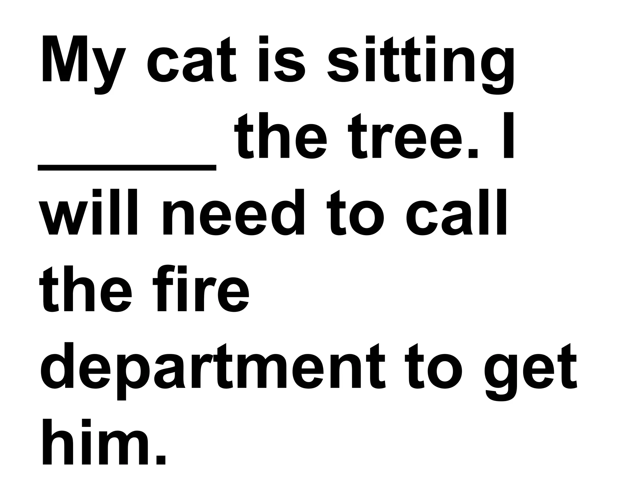 My cat is sitting _____ the tree. I will need to call the fire department to get him.