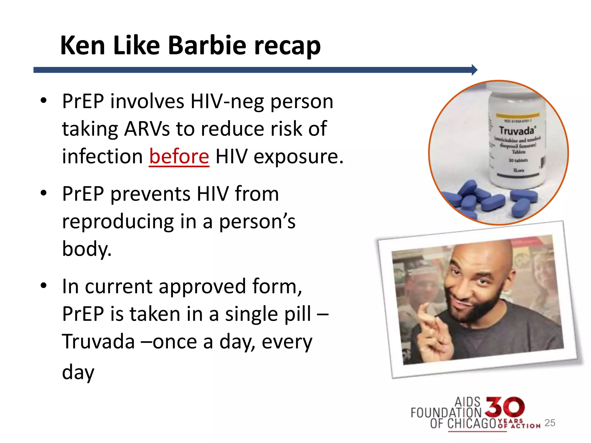 Ken Like Barbie recap
• PrEP involves HIV-neg person
taking ARVs to reduce risk of
infection before HIV exposure.
• PrEP prevents HIV from
reproducing in a person’s
body.
• In current approved form,
PrEP is taken in a single pill –
Truvada –once a day, every
day
25
 