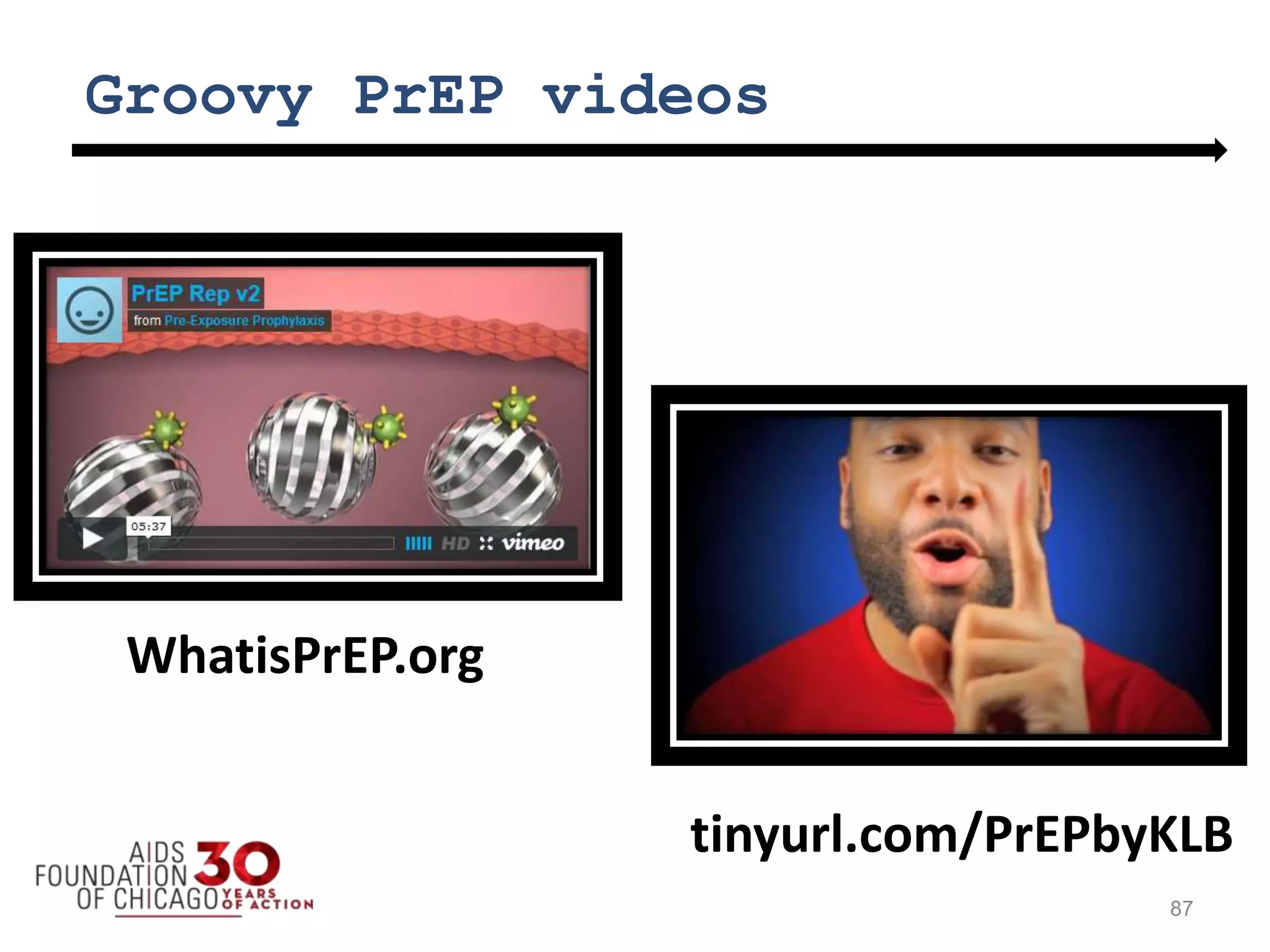 Groovy PrEP videos
87
WhatisPrEP.org
tinyurl.com/PrEPbyKLB
 