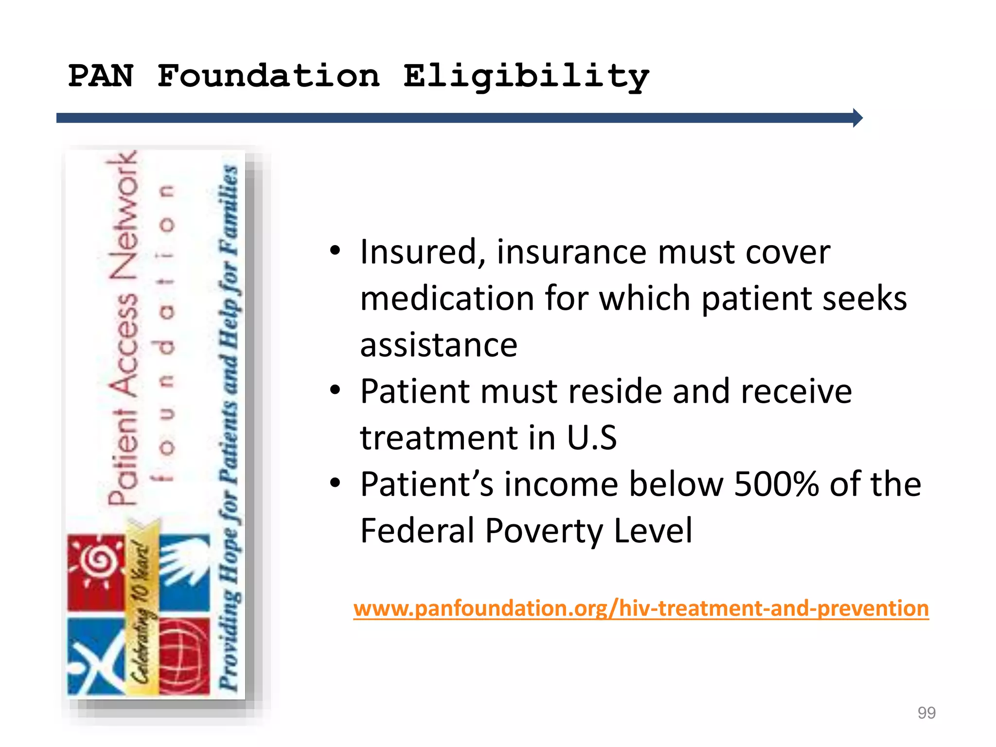 99
• Insured, insurance must cover
medication for which patient seeks
assistance
• Patient must reside and receive
treatment in U.S
• Patient’s income below 500% of the
Federal Poverty Level
www.panfoundation.org/hiv-treatment-and-prevention
PAN Foundation Eligibility
 