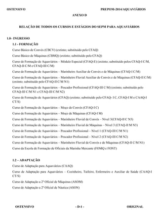 OSTENSIVO - D-1 - ORIGINAL 
OSTENSIVO PREPOM-2014/AQUAVIÁRIOS
 
ANEXO D
 
 
 
RELAÇÃO DE TODOS OS CURSOS E ESTÁGIOS DO SEPM PARA AQUAVIÁRIOS
 
 
 
1.0– INGRESSO
 
1.1 - FORMAÇÃO
 
Curso Básico de Convés (CBCV) (extinto; substituído pelo CFAQ)
Curso Básico de Máquinas (CBMQ) (extinto; substituído pelo CFAQ)
Curso de Formação de Aquaviários – Módulo Especial (CFAQ-E) (extinto; substituído pelos CFAQ-I C/M,
CFAQ-II C/M e CFAQ-III C/M)
 
Curso de Formação de Aquaviários – Marinheiro Auxiliar de Convés e de Máquinas (CFAQ-I C/M)
 
Curso de Formação de Aquaviários – Marinheiro Fluvial Auxiliar de Convés e de Máquinas (CFAQ-II C/M)
(extinto; substituído pelo CFAQ-II C/M N1)
 
Curso de Formação de Aquaviários – Pescador Profissional (CFAQ-III C/M) (extinto; substituído pelo
CFAQ-III C/M N1 e CFAQ-III C/M N2)
 
Curso de Formação de Aquaviários (CFAQ) (extinto; substituído pelo CFAQ- I C, CFAQ-I M e CAAQ-I
CT/S)
 
Curso de Formação de Aquaviários – Moço de Convés (CFAQ-I C)
Curso de Formação de Aquaviários – Moço de Máquinas (CFAQ-I M)
Curso de Formação de Aquaviários – Marinheiro Fluvial de Convés – Nível 3(CFAQ-II C N3)
Curso de Formação de Aquaviários – Marinheiro Fluvial de Máquinas – Nível 3 (CFAQ-II M N3)
Curso de Formação de Aquaviários – Pescador Profissional – Nível 1 (CFAQ-III C/M N1)
Curso de Formação de Aquaviários – Pescador Profissional – Nível 2 (CFAQ-III C/M N2)
 
Curso de Formação de Aquaviários – Marinheiro Fluvial de Convés e de Máquinas (CFAQ-II C/M N1)
Curso da Escola de Formação de Oficiais da Marinha Mercante (FOMQ e FONT)
 
 
1.2 – ADAPTAÇÃO
 
Curso de Adaptação para Aquaviários (CAAQ)
 
Curso de Adaptação para Aquaviários – Cozinheiro, Taifeiro, Enfermeiro e Auxiliar de Saúde (CAAQ-I
CT/S)
 
Curso de Adaptação a 2º Oficial de Máquinas (ASOM)
Curso de Adaptação a 2º Oficial de Náutica (ASON)
 