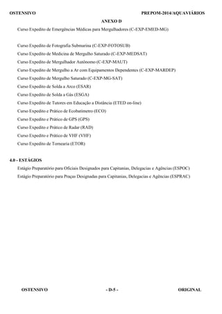OSTENSIVO - D-5 - ORIGINAL 
OSTENSIVO PREPOM-2014/AQUAVIÁRIOS
ANEXO D
Curso Expedito de Emergências Médicas para Mergulhadores (C-EXP-EMED-MG)
 
 
 
Curso Expedito de Fotografia Submarina (C-EXP-FOTOSUB)
 
Curso Expedito de Medicina de Mergulho Saturado (C-EXP-MEDSAT)
Curso Expedito de Mergulhador Autônomo (C-EXP-MAUT)
Curso Expedito de Mergulho a Ar com Equipamentos Dependentes (C-EXP-MARDEP)
Curso Expedito de Mergulho Saturado (C-EXP-MG-SAT)
Curso Expedito de Solda a Arco (ESAR)
Curso Expedito de Solda a Gás (ESGA)
Curso Expedito de Tutores em Educação a Distância (ETED on-line)
Curso Expedito e Prático de Ecobatímetro (ECO)
Curso Expedito e Prático de GPS (GPS)
Curso Expedito e Prático de Radar (RAD)
Curso Expedito e Prático de VHF (VHF)
Curso Expedito de Tornearia (ETOR)
 
 
4.0 - ESTÁGIOS
 
Estágio Preparatório para Oficiais Designados para Capitanias, Delegacias e Agências (ESPOC)
Estágio Preparatório para Praças Designadas para Capitanias, Delegacias e Agências (ESPRAC)
 