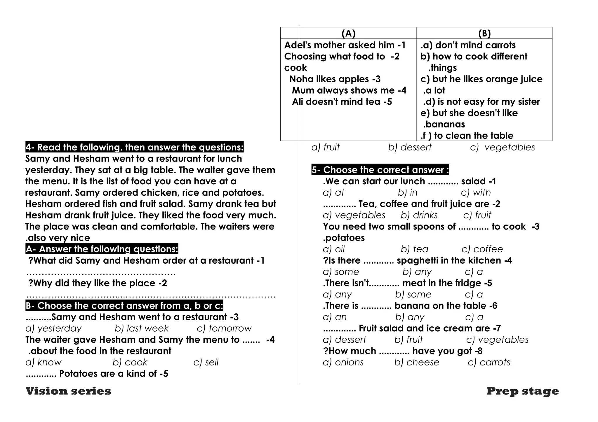 4- Read the following, then answer the questions: 
Samy and Hesham went to a restaurant for lunch 
yesterday. They sat at a big table. The waiter gave them 
the menu. It is the list of food you can have at a 
restaurant. Samy ordered chicken, rice and potatoes. 
Hesham ordered fish and fruit salad. Samy drank tea but 
Hesham drank fruit juice. They liked the food very much. 
The place was clean and comfortable. The waiters were 
.also very nice 
A- Answer the following questions: 
?What did Samy and Hesham order at a restaurant -1 
………………….……………………… 
?Why did they like the place -2 
…………………………....………………………………………… 
B- Choose the correct answer from a, b or c: 
..........Samy and Hesham went to a restaurant -3 
a) yesterday b) last week c) tomorrow 
The waiter gave Hesham and Samy the menu to ....... -4 
.about the food in the restaurant 
a) know b) cook c) sell 
............ Potatoes are a kind of -5 
(A) (B) 
a) don't mind carrots .b 
) how to cook different 
.things 
c) but he likes orange juice 
.a lot 
.d) is not easy for my sister 
e) but she doesn't like 
.bananas 
.f ) to clean the table 
Adel's mother asked him -1 
Choosing what food to -2 
cook 
Noha likes apples -3 
Mum always shows me -4 
Ali doesn't mind tea -5 
a) fruit b) dessert c) vegetables 
5- Choose the correct answer : 
.We can start our lunch ............ salad -1 
a) at b) in c) with 
............. Tea, coffee and fruit juice are -2 
a) vegetables b) drinks c) fruit 
You need two small spoons of ............ to cook -3 
.potatoes 
a) oil b) tea c) coffee 
?Is there ............ spaghetti in the kitchen -4 
a) some b) any c) a 
.There isn't............ meat in the fridge -5 
a) any b) some c) a 
.There is ............ banana on the table -6 
a) an b) any c) a 
............. Fruit salad and ice cream are -7 
a) dessert b) fruit c) vegetables 
?How much ............ have you got -8 
a) onions b) cheese c) carrots 
Vision series Prep stage 
 