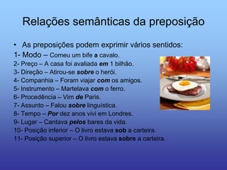 Relações semânticas da preposição
• As preposições podem exprimir vários sentidos:
1- Modo – Comeu um bife a cavalo.
2- Preço – A casa foi avaliada em 1 bilhão.
3- Direção – Atirou-se sobre o herói.
4- Companhia – Foram viajar com os amigos.
5- Instrumento – Martelava com o ferro.
6- Procedência – Vim de Paris.
7- Assunto – Falou sobre linguística.
8- Tempo – Por dez anos vivi em Londres.
9- Lugar – Cantava pelos bares da vida.
10- Posição inferior – O livro estava sob a carteira.
11- Posição superior – O livro estava sobre a carteira.
 