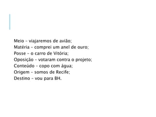 Meio – viajaremos de avião; 
Matéria – comprei um anel de ouro; 
Posse – o carro de Vitória; 
Oposição – votaram contra o projeto; 
Conteúdo – copo com água; 
Origem – somos de Recife; 
Destino – vou para BH. 
 